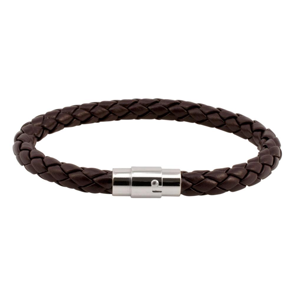 Braided Leather And Stainless Steel Bangle, Brown