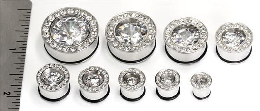 Single Flare BLING Plugs High Polish Steel Ear Jewelry 0g - 1" - Price Per 1Single Flare BLING Plugs High Polish Steel Ear Jewelry 0g - 1" - Price Per 1