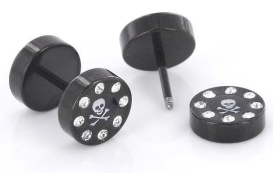 FAKE PLUG 8 Stone Black Fake Piercing SKULL n BONES - Price Per 1FAKE PLUG 8 Stone Black Fake Piercing SKULL n BONES - Price Per 1