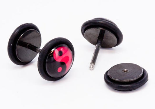 RED YING YANG on Black Fake Illusion Piercing Plug - Price Per 1RED YING YANG on Black Fake Illusion Piercing Plug - Price Per 1