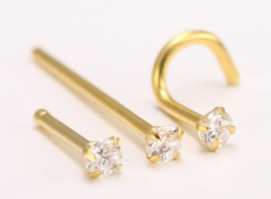 18g Nose Bone, Screw or Fishtail with 2.5mm CZ 24kt gold plated - Price Per 118g Nose Bone, Screw or Fishtail with 2.5mm CZ 24kt gold plated - Price Per 1