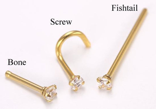 18g Nose Bone, Screw or Fishtail with 2.5mm CZ 24kt gold plated - Price Per 118g Nose Bone, Screw or Fishtail with 2.5mm CZ 24kt gold plated - Price Per 1