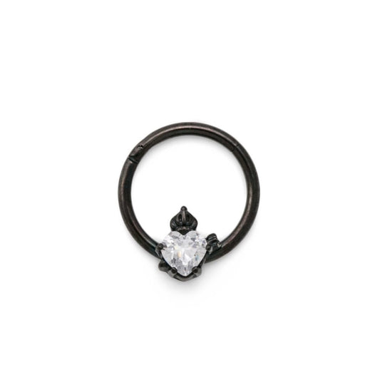 16g Steel Septum Ring with Black PVD Coating and Royal Crystal Heart16g Royal Crystal Jewel Heart PVD Black Steel Septum Clicker